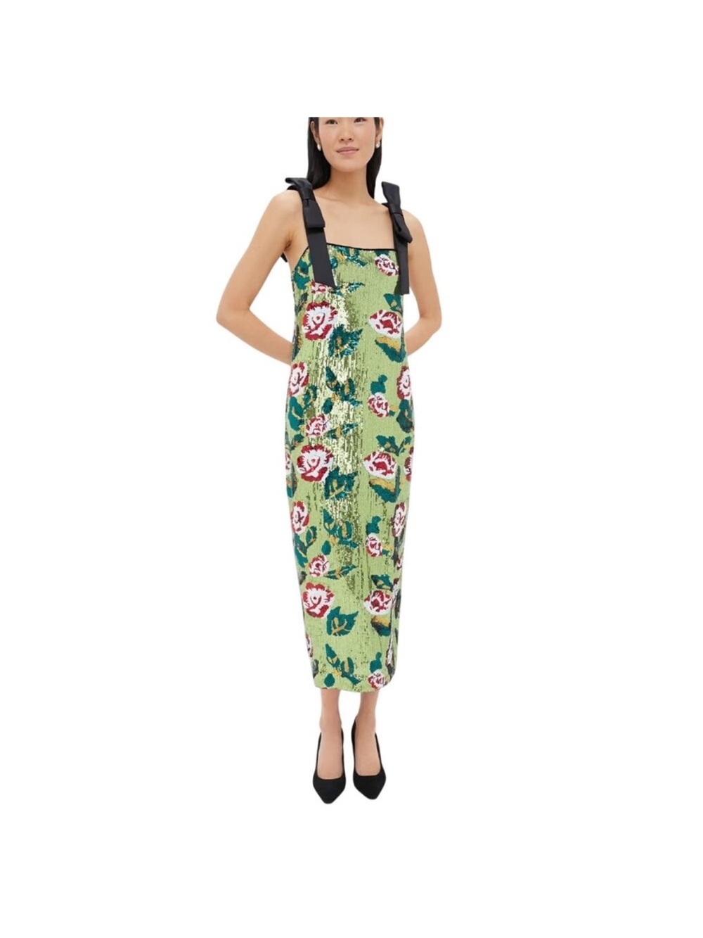 Tuckernuck Green Floral Sequin Midi Dress with Black Tie Straps